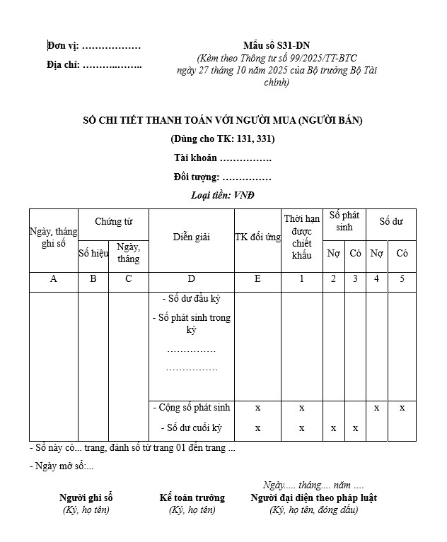 Sổ chi tiết theo Thông tư 99/2025/TT-BTC