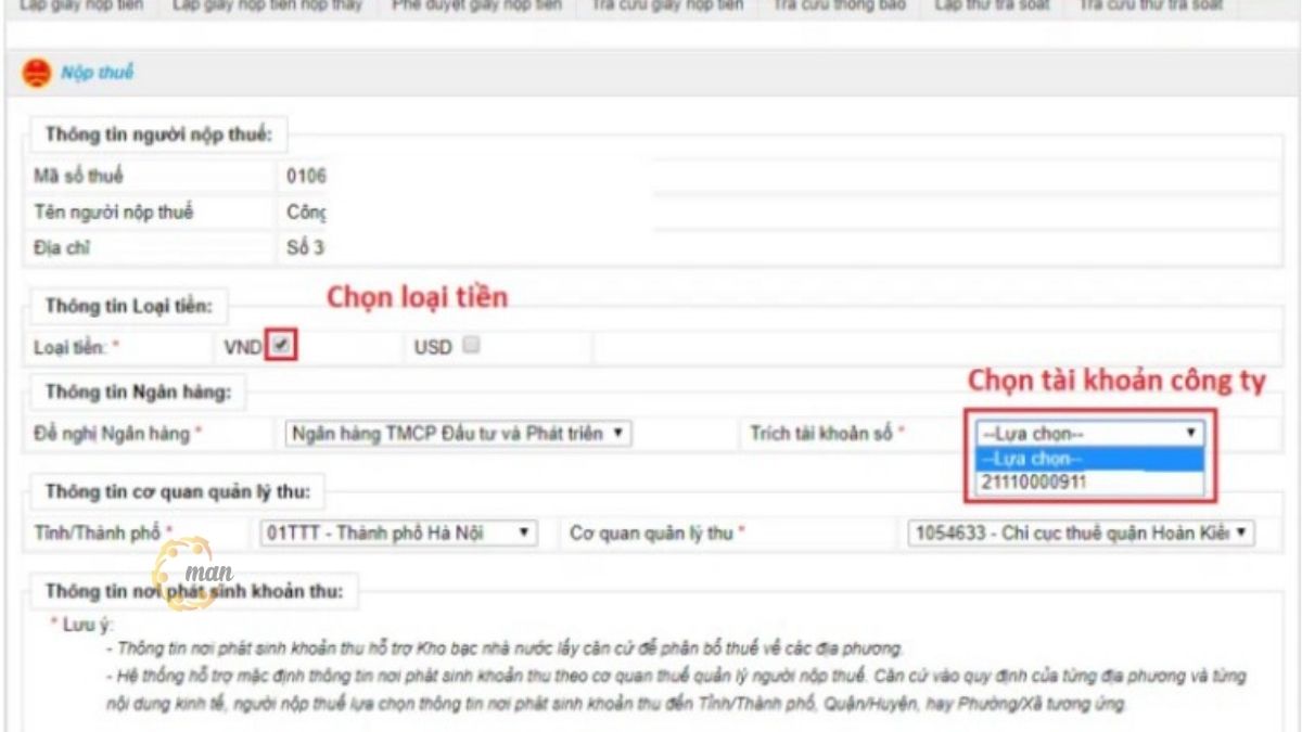 Chọn Loại tiền và Số tài khoản ngân hàng dùng để nộp thuế