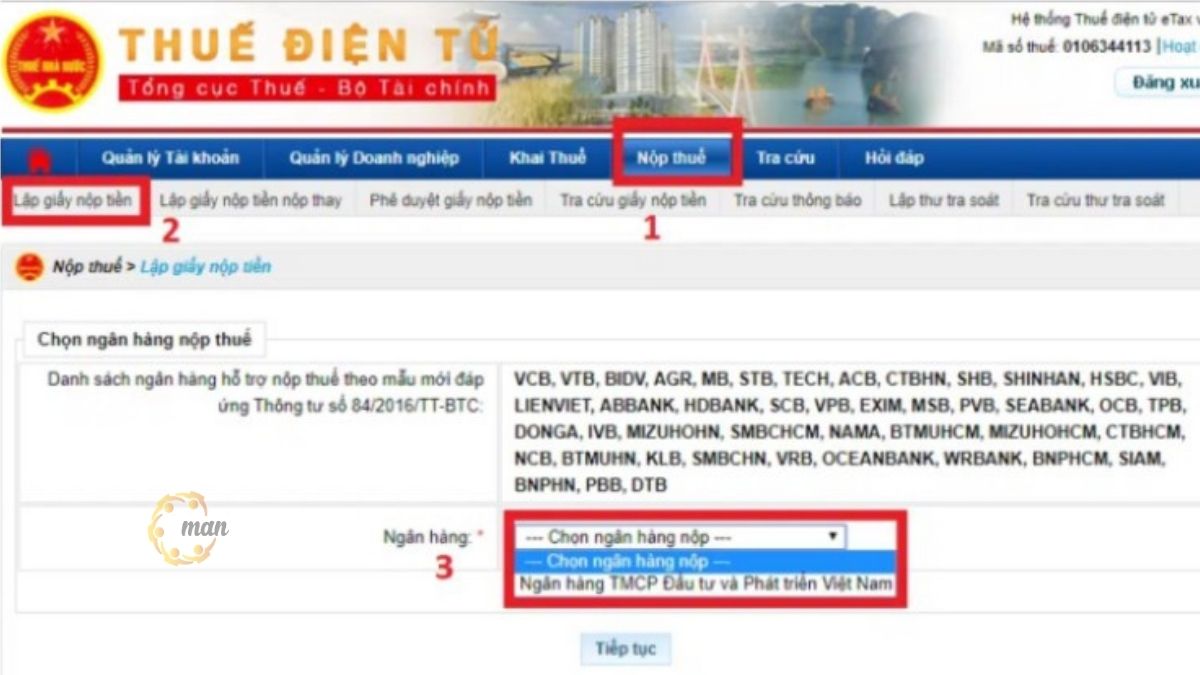 Chọn ô “Nộp thuế”, tại giao diện mới chọn “Lập giấy nộp tiền”