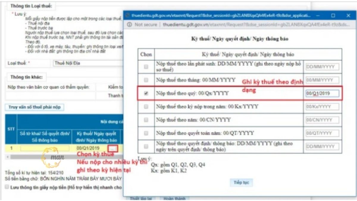 Chọn tài khoản Ngân hàng và Kỳ nộp thuế