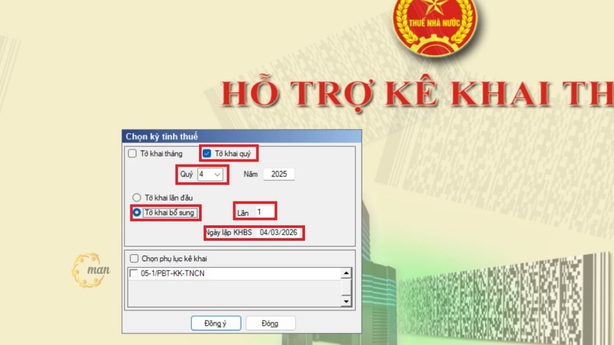 Đăng nhập và chọn kỳ khai thuế TNCN bổ sung