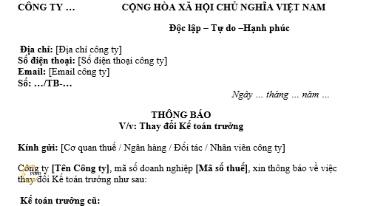 Tải mẫu thông báo thay đổi kế toán trưởng doanh nghiệp