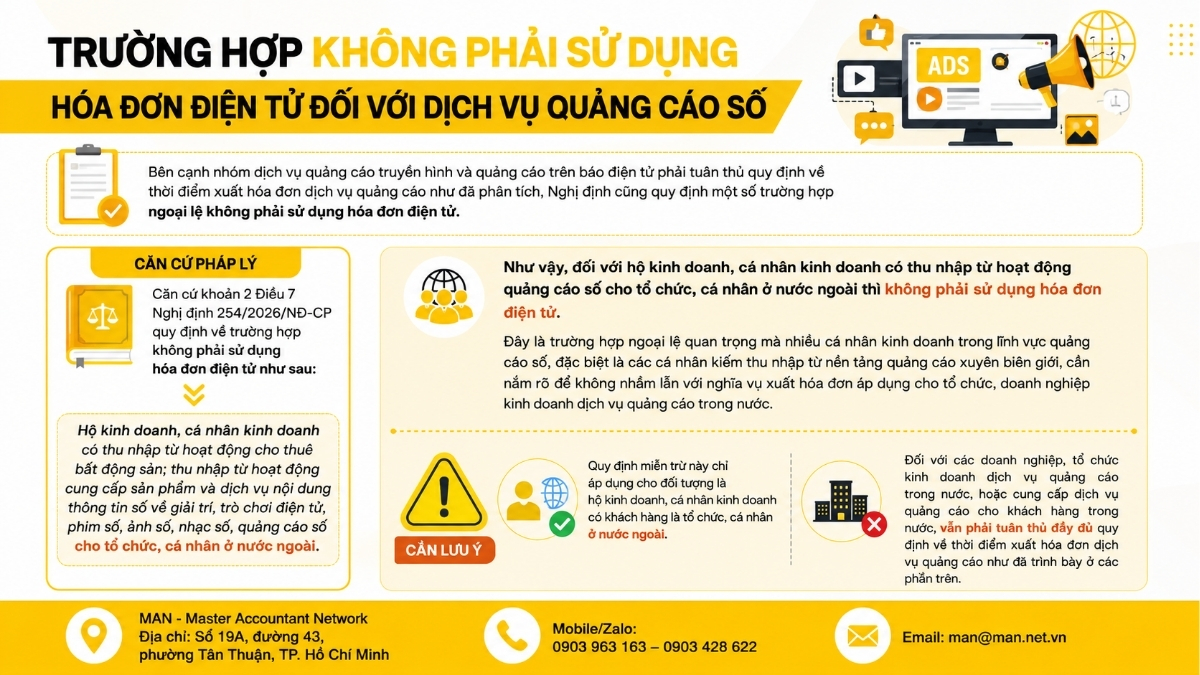 Thời điểm xuất hóa đơn dịch vụ quảng cáo và những trường hợp ngoại lệ đối với dịch vụ quảng cáo số