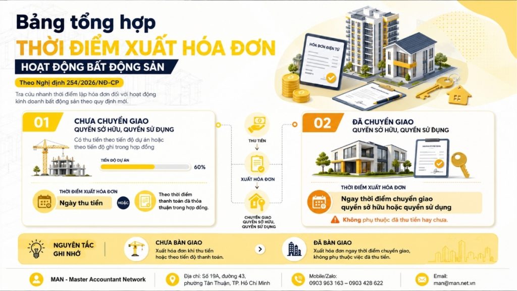 Bảng tổng hợp thời điểm xuất hóa đơn hoạt động bất động sản