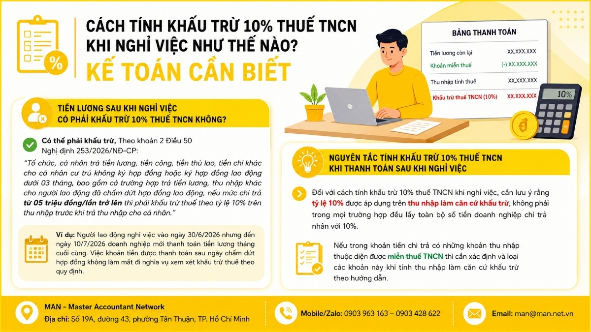 Cách tính khấu trừ 10% thuế TNCN khi nghỉ việc như thế nào