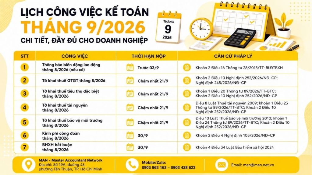 Lịch công việc kế toán tháng 9/2026 chi tiết