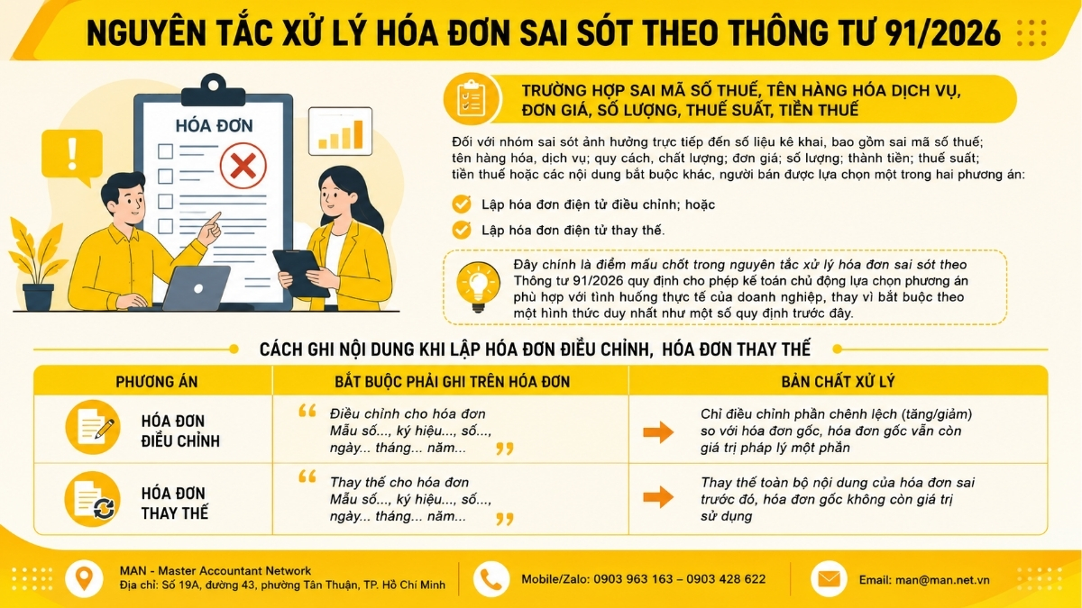 Nguyên tắc xử lý hóa đơn sai sót theo Thông tư 91 trường hợp sai mã số thuế, tên hàng hóa dịch vụ, đơn giá, số lượng, thuế suất, tiền thuế