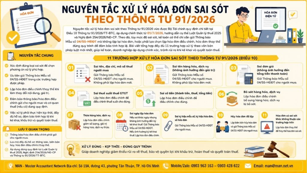 Nguyên tắc xử lý hóa đơn sai sót theo Thông tư 91/2026