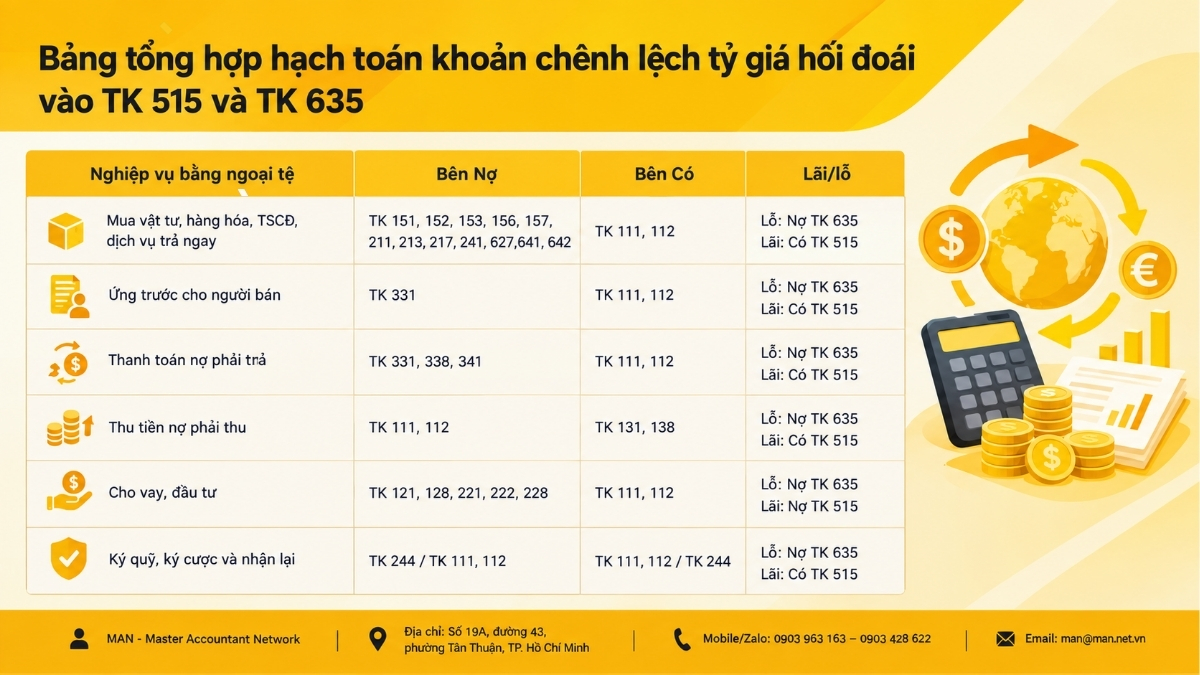 Bảng tổng hợp hạch toán khoản chênh lệch tỷ giá hối đoái theo Thông tư 99