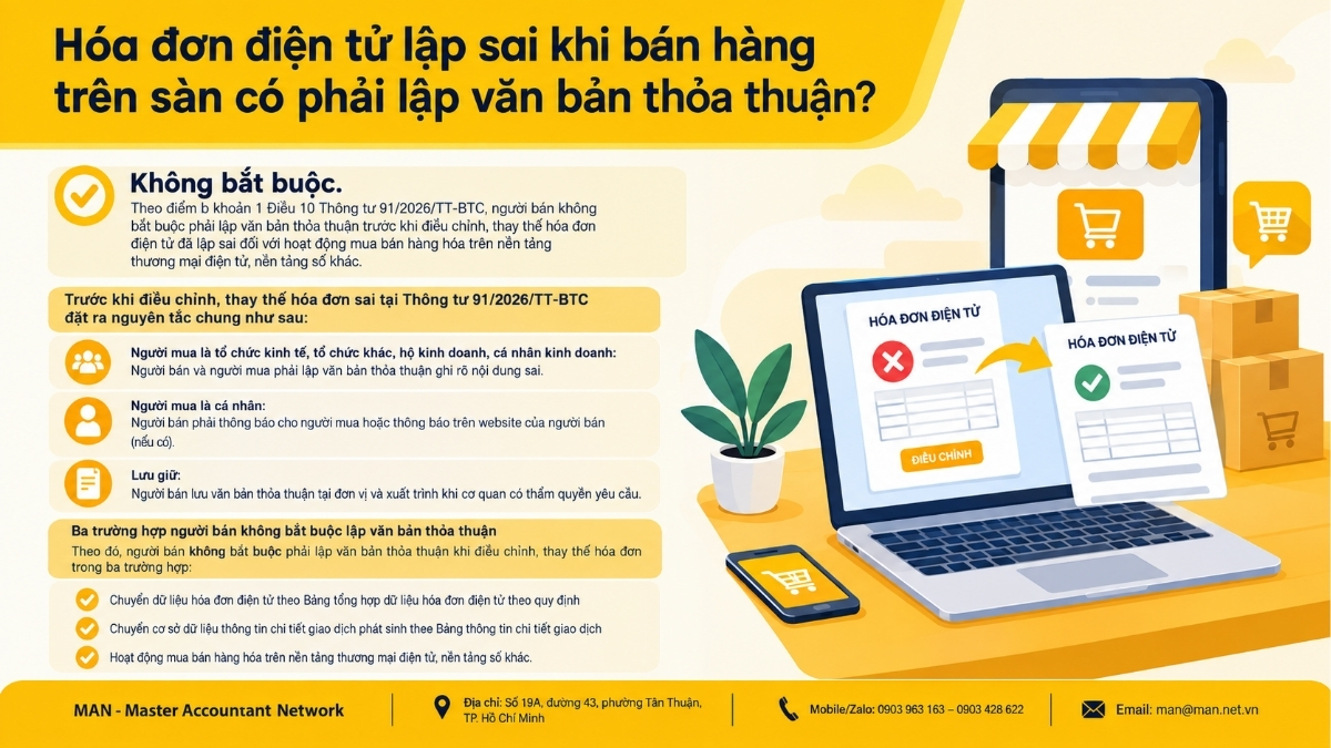 Hóa đơn điện tử lập sai khi bán hàng trên sàn và nguyên tắc lập văn bản thỏa thuận, thông báo cho người mua