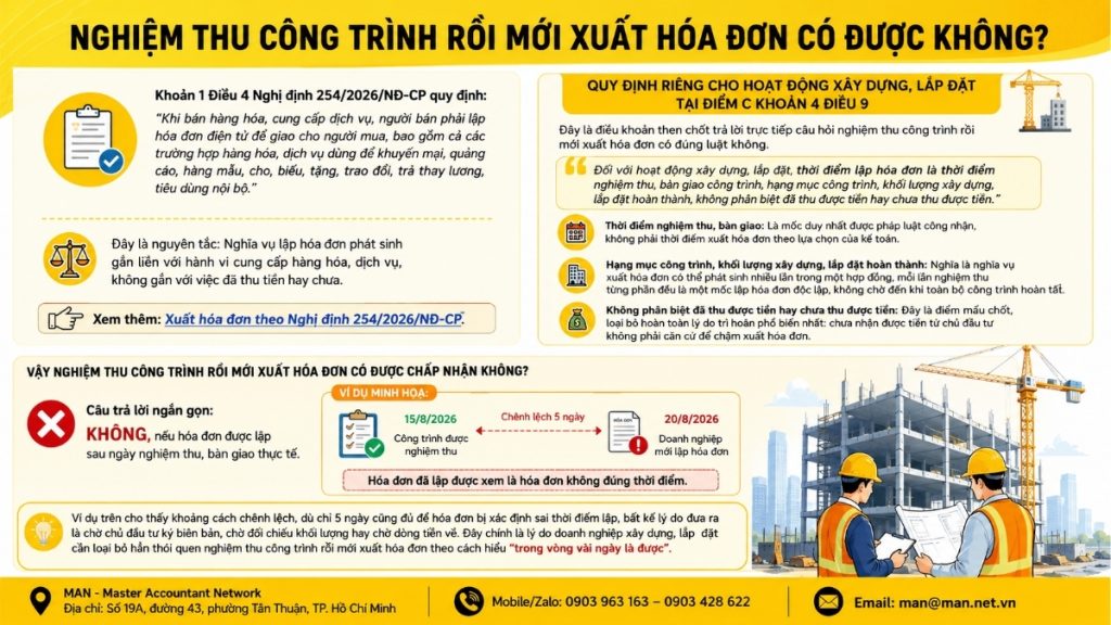 Nghiệm thu công trình rồi mới xuất hóa đơn có được không
