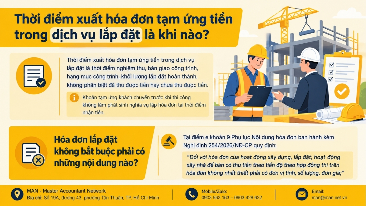 Thời điểm xuất hóa đơn tạm ứng tiền trong dịch vụ lắp đặt